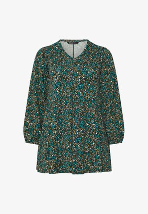 Kwiatowa bluzka z długimi rękawami, dekoltem w serek, z ciemnym tłem i różnorodnymi wzorami kwiatowymi w odcieniach turkusu, żółci i bieli.