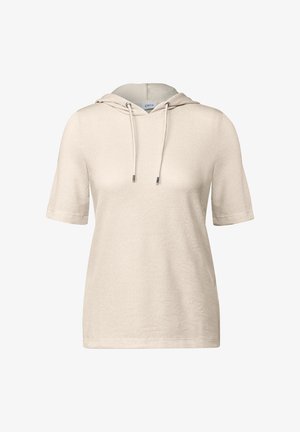 Haut à capuche court en coton beige clair avec une finition texturée, des cordons de serrage au niveau du cou et une coupe décontractée.