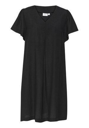 Schwarzes, knielanges Kleid mit V-Ausschnitt und kurzen Ärmeln, aus leichtem Stoff gefertigt. Es hat einen lockeren Schnitt und dezente Faltendetails.