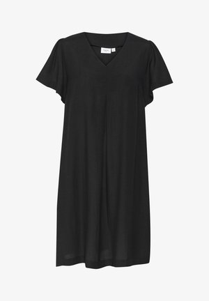 Crna haljina do koljena s V-izrezom i kratkim rukavima, izrađena od laganog materijala. Ima slobodan kroj i suptilne nabore.