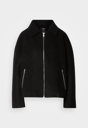 Black wool blend jacket with a collar, zip front, and two side pockets featuring silver zippers. Casual, structured fit with long sleeves.