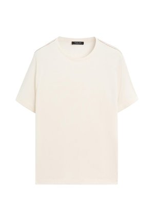 T-shirt corto a maniche corte color beige chiaro con colletto rotondo, caratterizzato da un design semplice, una texture morbida e sottili accenti sulle spalle in cucitura rossa.