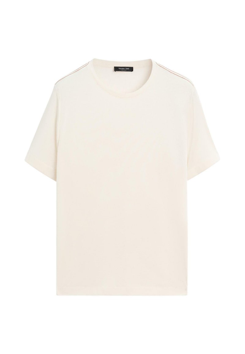 Lys beige kortærmet t-shirt med rund halsudskæring, der har et enkelt design, blød tekstur og diskrete skulderdetaljer med røde syninger.