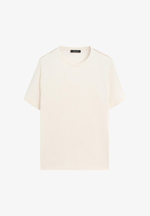 Ljusbeige kortärmad t-shirt med rund halsringning, som har en enkel design, mjuk textur och subtila axelaccentueringar i röda stygn.