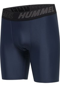 Mörkblå tajta träningsshorts med svart elastisk midjeresår och stor "HUMMEL"-logotyp i mörkgrå bokstäver.