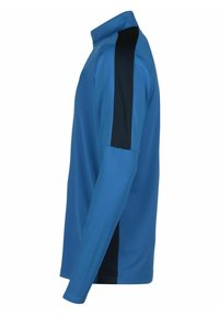 Blaues Langarmhemd mit hohem Kragen. Verfügt über dunkelblaue seitliche Einsätze. Hergestellt aus einem glatten, strukturierten Stoff.