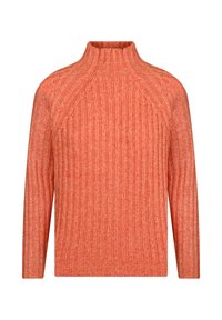 Strickpullover mit Rollkragen in einer strukturierten orange-roten Farbe, mit gerippten Details und langen Ärmeln. Regelmäßige Passform mit gerader Saum.