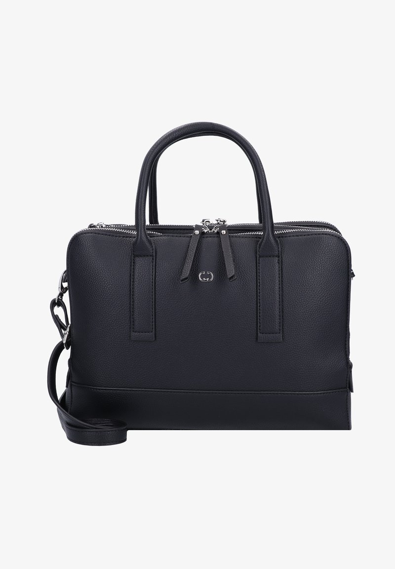 Černá kožená kabelka s dvojitým zipovým uzávěrem, dvěma horními uchy, odnímatelným ramenním páskem, texturovaným povrchem a jemným logem jako akcentem.