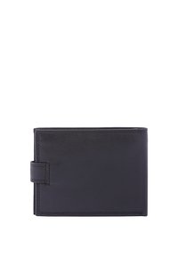 Portefeuille en cuir noir présentant une texture lisse, un design pliable en deux et une petite fermeture à onglet. Une couture soignée ajoute de la durabilité et du détail.