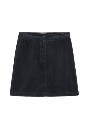 Tmavě modrá kordurová mini sukně s předním zapínáním na knoflíky a jemnou vertikální strukturovanou texturou. Obsahuje dvě boční kapsy a rovný lem.
