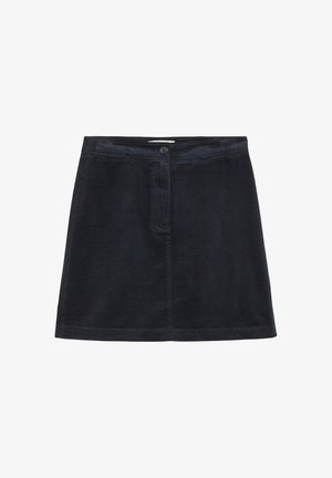 Sötétkék bordás mini szoknya elöl gombos zárással és finom függőleges bordás textúrával. Két oldalsó zsebet és egyenes szegést tartalmaz.