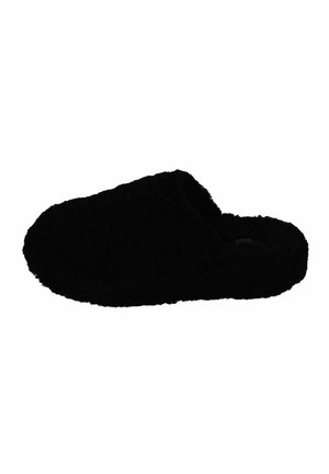 Schwarzer, flauschiger Slip-On-Hausschuh mit geschlossenem Zehenbereich und niedrigem Absatz, für Komfort im Innenbereich entworfen.