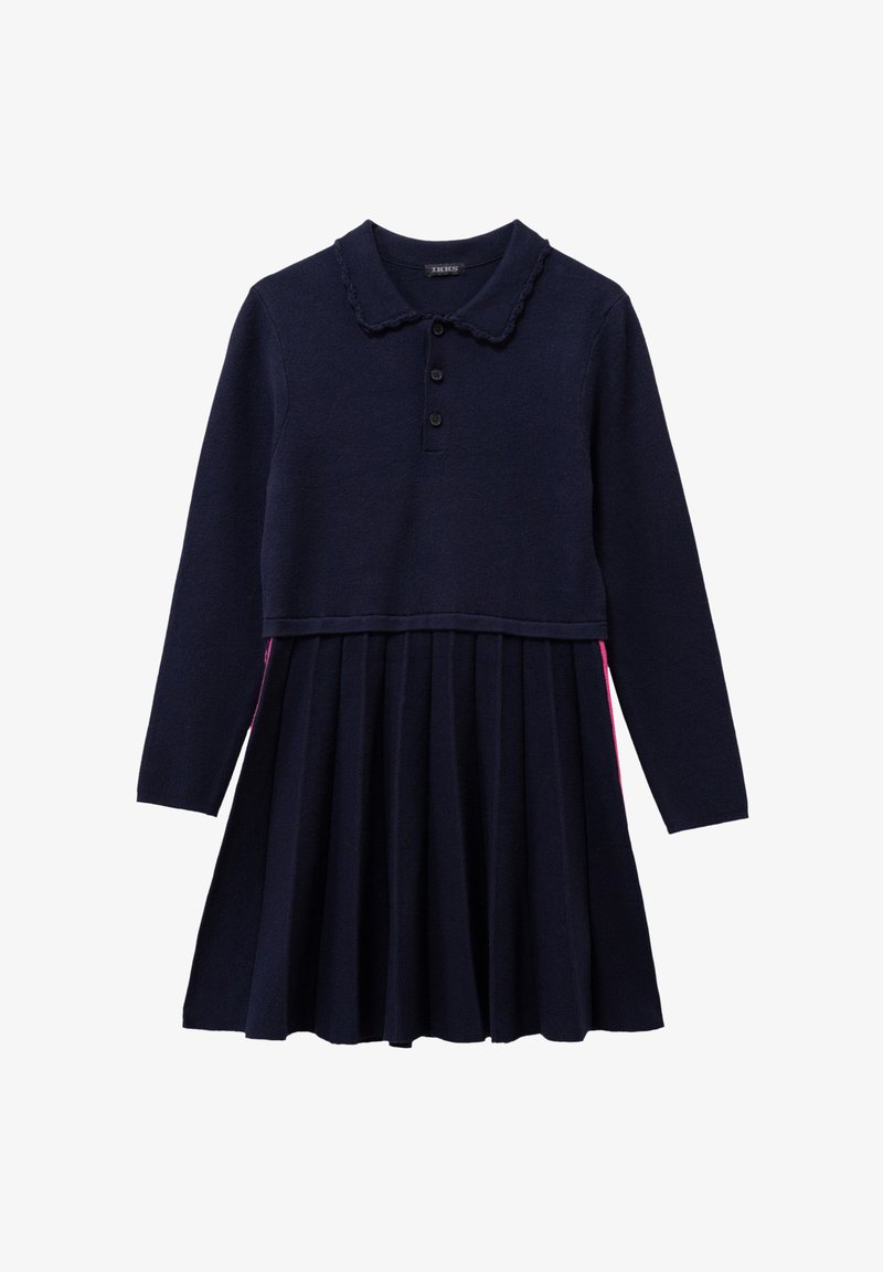 Abito azzurro con maniche lunghe, colletto, chiusura con bottoni e gonna plissettata. Presenta dettagli rosa sui lati. Realizzato in tessuto testurizzato.