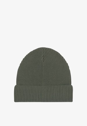 Berretto a coste verde oliva con risvolto, progettato per mantenere il calore e per un uso casual.