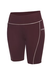 Shorts atletici a vita alta color bordeaux con dettagli in piping bianco e logo parziale in bianco sulla coscia destra.