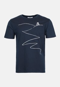 Mørkeblå bomulls T-skjorte med et hvitt, minimalistisk design av en terrengsykkel på forsiden, med svingete linjer som ligner en sti.
