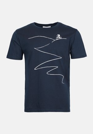 Mörkblå bomullströja med en vit, minimalistisk design av mountainbike på framsidan, med snirklande linjer som påminner om en stig.