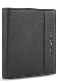 Black leather wallet with a textured surface, featuring a stitched edge and a subtle embossed logo on the side. Compact rectangular shape.
