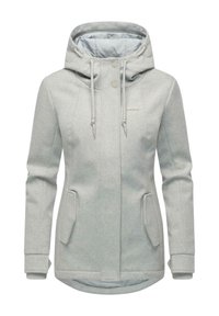 Manteau d'hiver gris clair à capuche avec poches avant, capuche à cordon de serrage, boutons-pression et manches longues.
