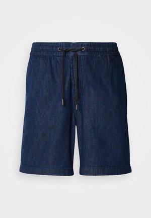 Marineblauwe denim shorts met een elastische tailleband en trekkoord. Heeft twee zijzakken en een rechte snit, die net boven de knie eindigt.