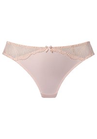 Lichtroze kant en mesh thong met geschulpte randen, decoratieve stitching en een klein strikdetail in het midden op de tailleband.