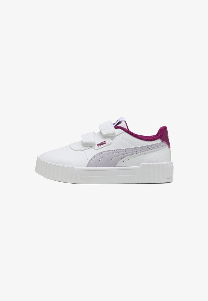 Biele syntetické tenisky s fialovými akcentmi, okrúly špic, suché zipsy a štruktúrovaná podrážka. Na boku je výrazné logo PUMA.