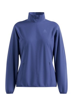 Blaue leichte Jacke mit hohem Kragen, durchgehendem Reißverschluss und zwei Seitentaschen. Glatte Textur und minimalistisches Design. Logo auf der Brust.