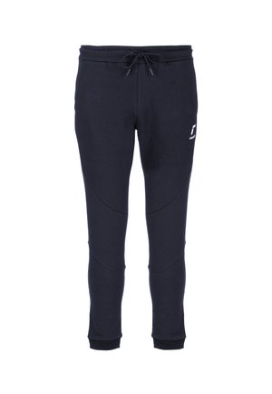 Marineblaue Jogginghosen aus weichem, leichtem Stoff. Sie verfügen über einen elastischen Taillenbund mit Kordelzug, gerippte Bündchen und seitliche Details.