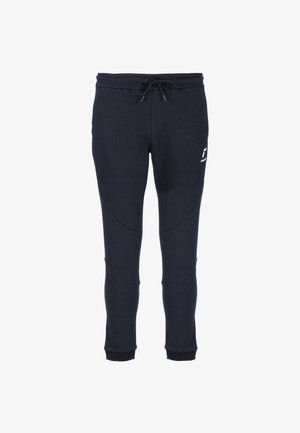 Marineblaue Jogginghosen aus weichem, leichtem Stoff. Sie verfügen über einen elastischen Taillenbund mit Kordelzug, gerippte Bündchen und seitliche Details.