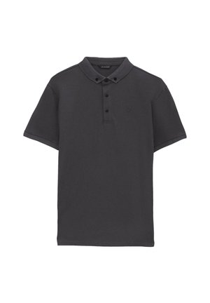 Czarny polo z ciemnoszarego materiału, wykonany z miękkiego materiału, z kołnierzykiem z teksturowanym wzorem i trzema guzikami przy rozcięciu, z małym logotypem.