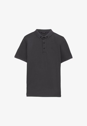 Czarny polo z ciemnoszarego materiału, wykonany z miękkiego materiału, z kołnierzykiem z teksturowanym wzorem i trzema guzikami przy rozcięciu, z małym logotypem.