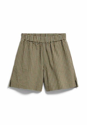 Kinder-Shorts mit elastischem Bund, braun-grün kariertem Muster und kleinen seitlichen Schlitzen an jedem Bein.