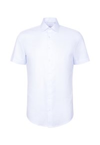 Chemise blanche à manches courtes avec col classique, présentée sur un fond blanc uni.