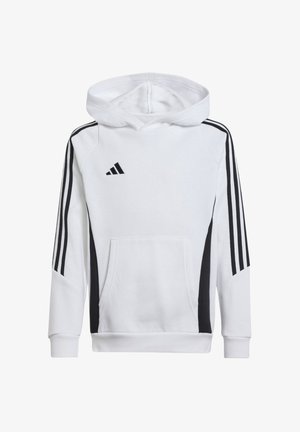 Felpa bianca realizzata in materiale morbido, con tasca frontale, strisce nere sui lati e un logo nero sul petto. Presenta un cappuccio con cordini.