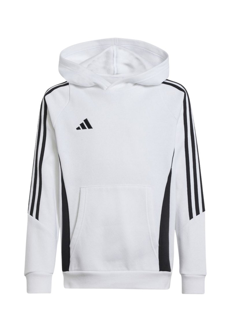 Sweat à capuche blanc en matériau doux, avec une poche frontale, des rayures noires sur les côtés et un logo noir sur la poitrine. Dispose d'une capuche avec cordons.