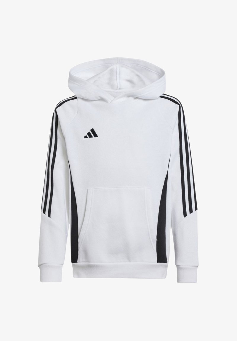 Felpa bianca realizzata in materiale morbido, con tasca frontale, strisce nere sui lati e un logo nero sul petto. Presenta un cappuccio con cordini.