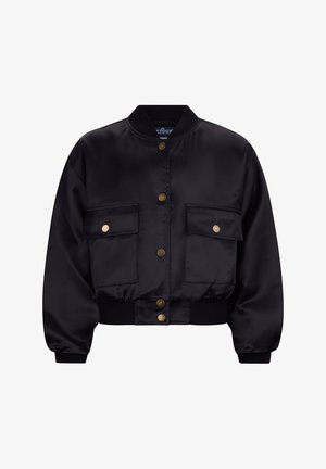 Zwarte satijnen bomberjack met een geribbelde kraag, twee voorzakken en gouden drukknoopjes. Heeft een cropped ontwerp en een soepele textuur.