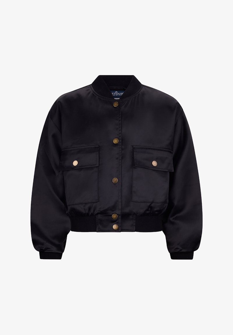 Zwarte satijnen bomberjack met een geribbelde kraag, twee voorzakken en gouden drukknoopjes. Heeft een cropped ontwerp en een soepele textuur.