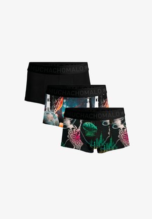 Three men's boxer briefs with black waistbands labeled "MUCHACHOMALO"; one solid black, one with space rockets and planets, one with steampunk gears.
