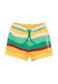 Chlapecké plavky vyrobené z lehkého materiálu, s horizontálními pruhy v zelené, žluté a červené barvě, elastickým pasem a šňůrkou na stažení.