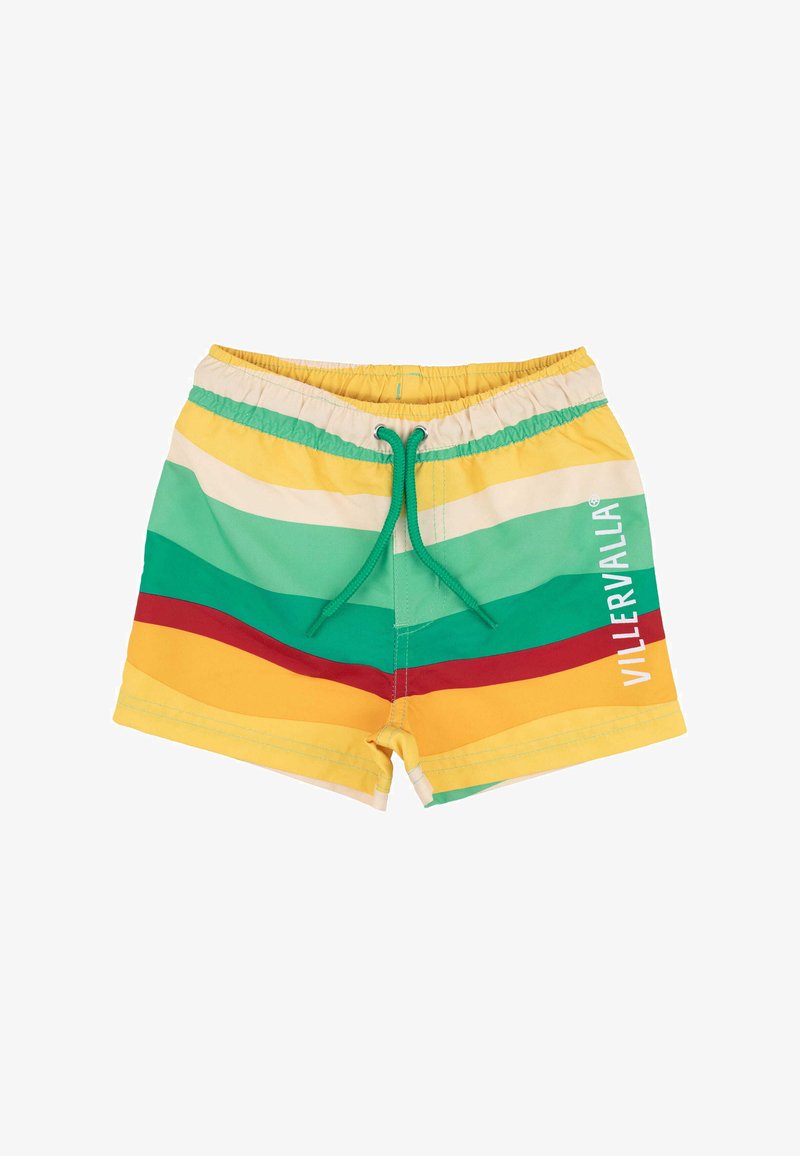 Chlapecké plavky vyrobené z lehkého materiálu, s horizontálními pruhy v zelené, žluté a červené barvě, elastickým pasem a šňůrkou na stažení.
