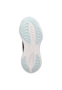 Semelle de chaussure avec une base blanche et des accents bleu clair, motifs texturés pour l'adhérence et la flexibilité. Forme courbée avec des rainures définies.