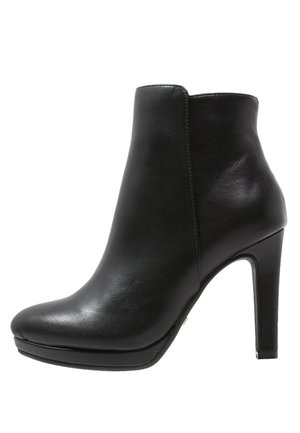 Black leather ankle boot with a pointed toe and high block heel, smooth finish, side view.