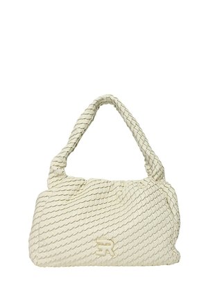 Borsa a tracolla intrecciata di colore crema con forma arrotondata, esterno testurizzato e manico. Presenta un accento con logo dorato sulla parte frontale.