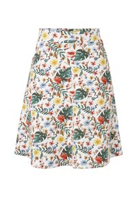 Jupe à motif floral avec un fond blanc, des feuilles vertes et des fleurs colorées en rouge, jaune et bleu ; design évasé.