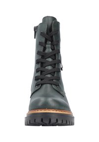 Bottine en cuir vert avec des lacets noirs, fermeture éclair sur le côté et semelle en caoutchouc robuste. Comprend un accent cousu et une construction solide.