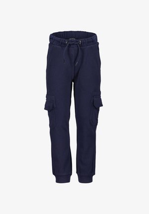 Granatowe dresy z elastycznym pasem, sznurkiem do regulacji i dwiema bocznymi kieszeniami cargo. Wykonane z miękkiej, teksturowanej tkaniny idealnej do codziennego użytku.