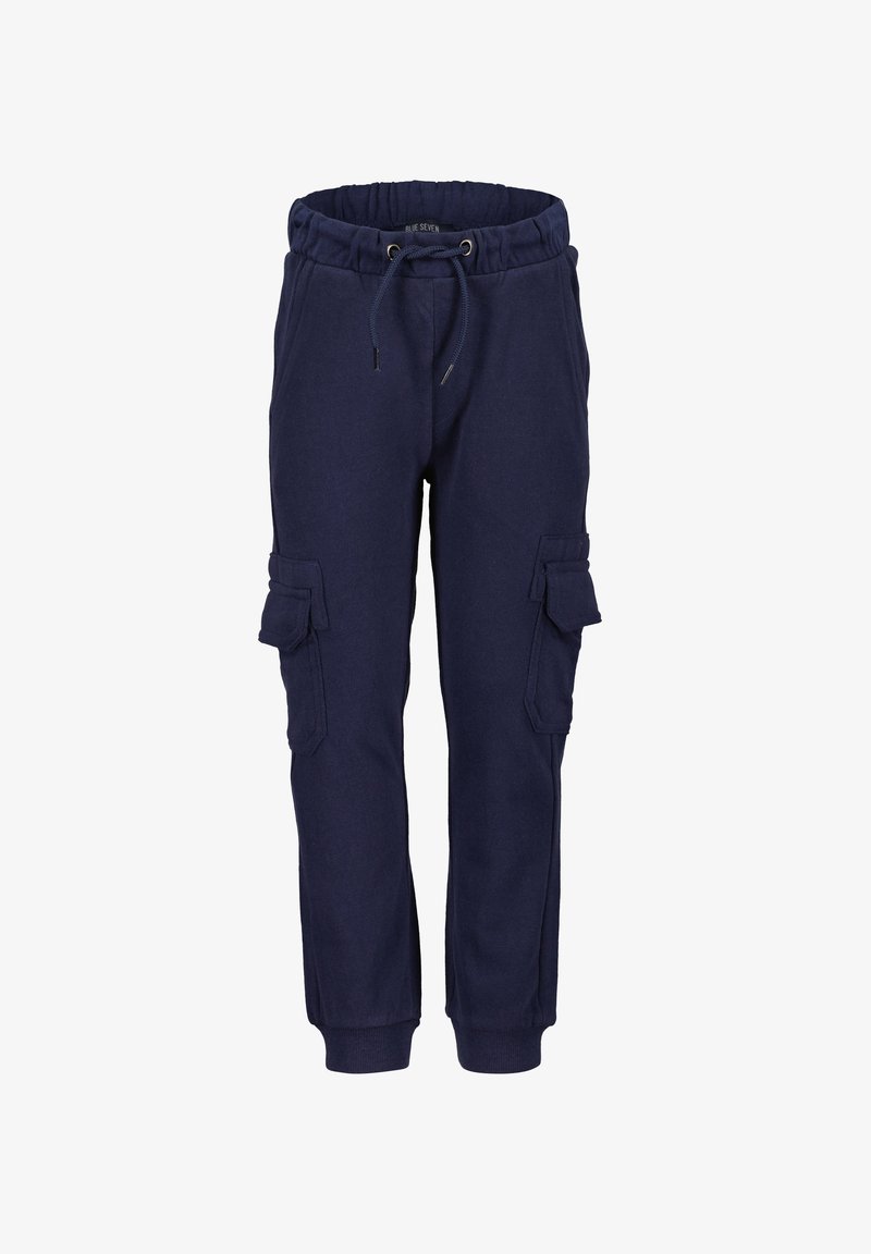 Pantalons de survêtement bleu marine avec une taille élastique, un cordon de serrage et deux poches cargo latérales. Fabriqués en tissu doux et texturé, adaptés pour une tenue décontractée.