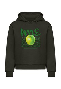 Sötétzöld kapucnis felső, amelyen egy zöld alma grafika látható, rajta a "APPLE" zöld felirattal, alatta pedig a "Édes. R ropogós. Egyszerű." fehér színben.
