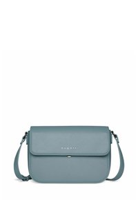 Hellblaues Kunstleder-Crossbody-Bag mit Klappenverschluss, silbernem Logo, verstellbarem Tragegurt und minimalistischem Design.
